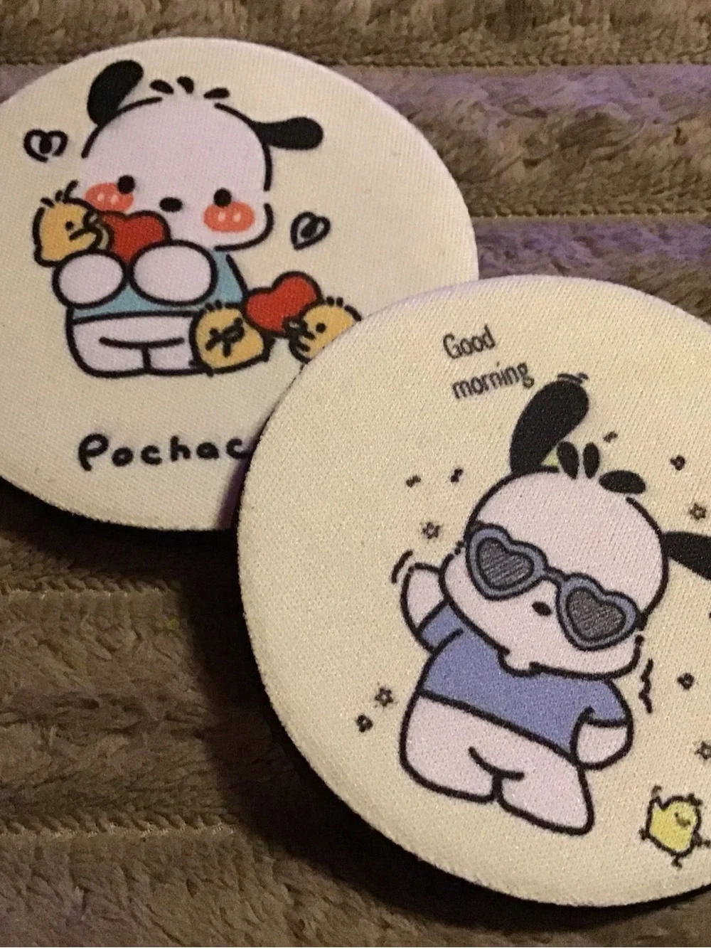 Set of two foam car coasters pochacoo design - White with Black & Pastel Accents